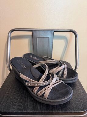 Skechers Taupe Strappy Wedge Sandals with Embellished Straps